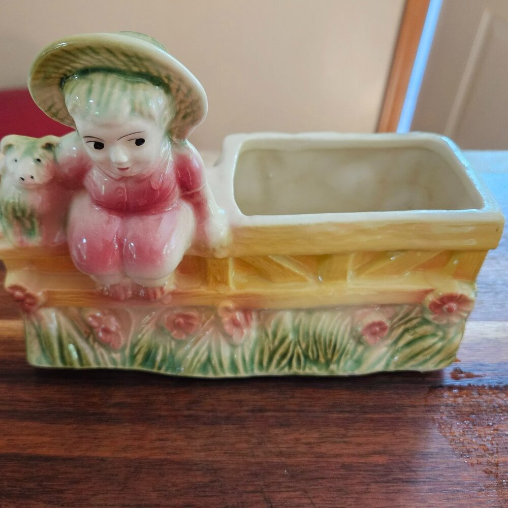 vintage hull art pottery planter girl& dog on fence 1940s 1950s